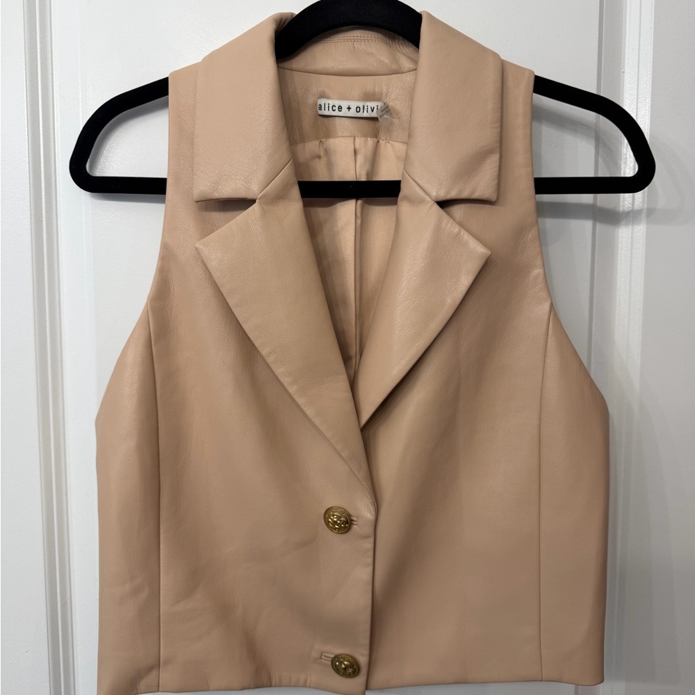 Alice + Olivia Beige Vegan Leather Vest with Gold Buttons